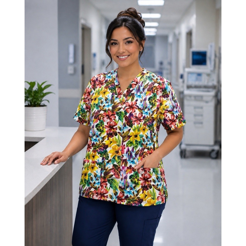 Fashion Scrubs Women's V Neck Scrub Top Size Small Tropical Floral Print Vibrant